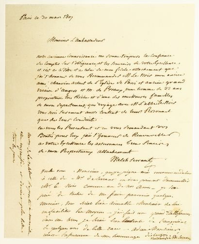 null MAINE-ET-LOIRE. WALSH de SERRANT family. Autograph letter signed by Antoine...