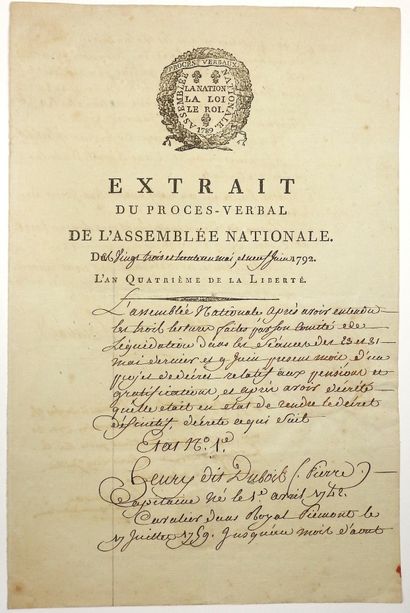 TRONCHON (Nicolas-Charles) Député de l'OISE (1759 – 1828) “Extrait du Procès-Verbal...