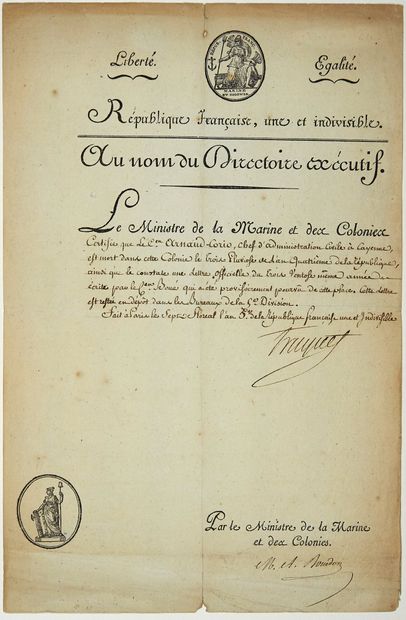  MARINE ET COLONIES. 1797. Certificat signé de l'Amiral TRUGUET (Laurent-Jean-François,...
