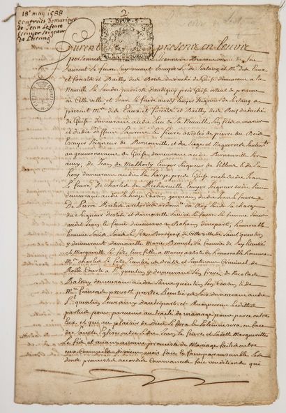  AISNE. 1588: Marriage contract of Jean LEFEBVRE, Squire Lord of L'ESTANG, Master...