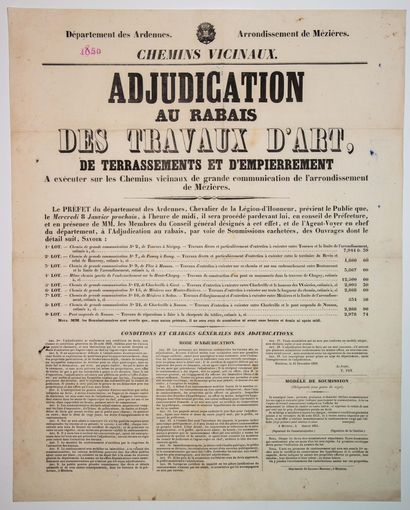  ARDENNES. 1850. District of MÉZIÈRES. VICINAL ROADS: 1°) Adjudication at discount...