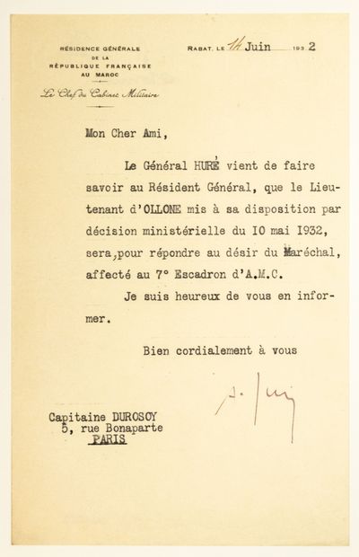 MARÉCHAL JUIN (Alphonse). Typed letter signed as Head of the Military Cabinet at...