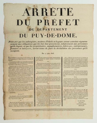  PUY-DE-DÔME. 1808. AUBERGES, HÔTELS. «Arrêté du préfet du Département du Puy-de-Dôme,...