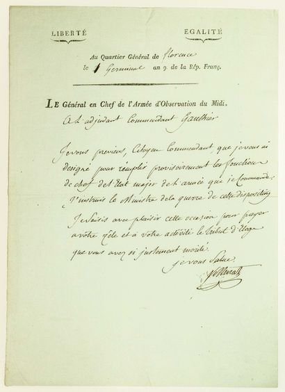 Joachim MURAT Maréchal d'Empire. Lettre privée signée MURAT Général en Chef de l'Armée...