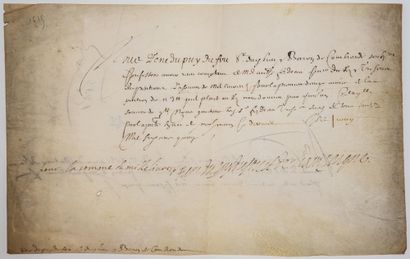 PUY DU FOU. 1615. Pièce signée, sur vélin, de René du PUY DU FOU, Seigneur du lieu,...