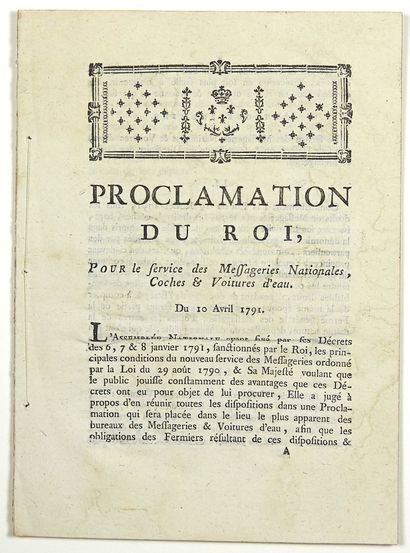  COCHES & VOITURES D'EAU. 1791. «Proclamation du Roi, pour le Service des MESSAGERIES...