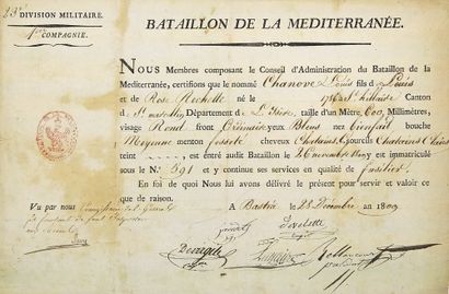  CORSE. BATAILLON DE LA MÉDITERRANÉE. 1809. Pièce signée du Conseil du «BATAILLON...