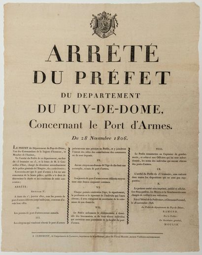  PUY-DE-DÔME. 1806. PORT D'ARMES. Arrêté du Préfet du Département du Puy-de-Dôme,...