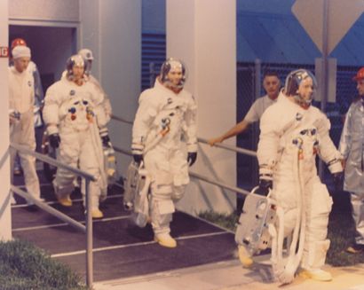 NASA Nasa. Astronaut Neil A. Armstrong precedes astronauts Michael COLLINS and Edwin...