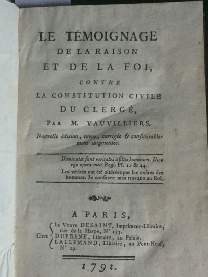  [REVOLUTION Française] VAUVILLIERS: Le témoignage de la raison et de la foi, contre...