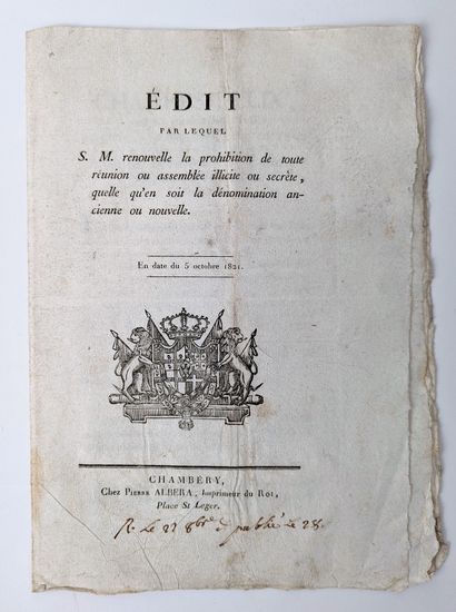 null [SAVOIE] Document printed at Chambéry by Pierre Albera, dated October 5, 1821:...