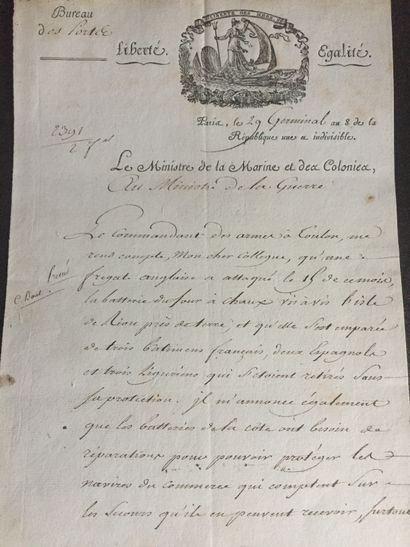 null [MARINE] Trois pièces imprimées et manuscrites : -Lettre du ministre de la Marine...