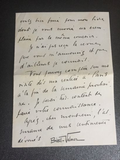 null BINET-VALMER: LAS dated September 26, 1928 on the letterhead of the Grands Hôtels...