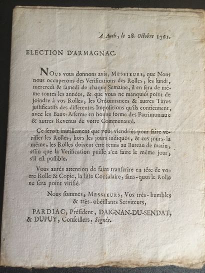 [ARMAGNAC] Election d'Armagnac: Six documents:...