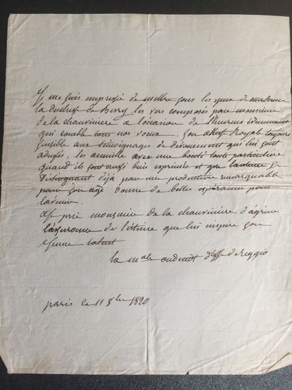 null 
de La Maréchale Desse de Reggio  LAS datée Paris le 11 août 1820. Une page...