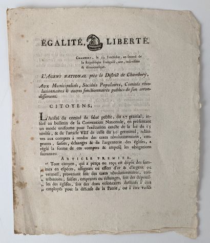 null [SAVOIE] Document printed in Chambéry by Dufour. 4 pp. in-4. Instructions relative...