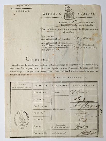 null [SAVOIE] Placard daté An VI de la République: Liste des Représentants du peuples...