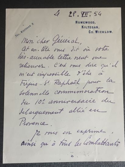 null WEYGAND (General): LAS dated 28 July 1954: 2 pp. in-8 addressed to a general...