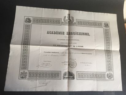 null [EVREUX] Diploma of Corresponding Member awarded to Mr. de Martonne by the Ebroïcian...