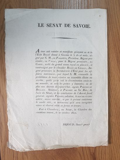 null [SAVOIE] Document printed at Chambéry by Pierre Albera, dated October 5, 1821:...