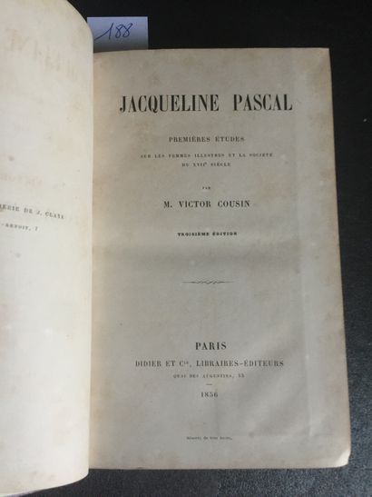  COUSIN (Victor): Jacqueline Pascal. Premières études sur les femmes illustres et...
