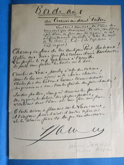 null JAMMES Francis: Poème manuscrit original titré "BORDEAUX". Une page in-4. Superbe...