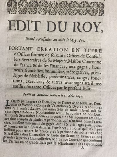 null OFFICES - Réunion de 3 documents, édits ou Déclarations du Roy, concernant l'établissement...