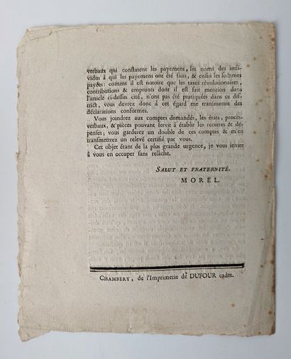 null [SAVOIE] Document imprimé à Chambéry chez Dufour. 4 pp. in-4. Instructions relatives...