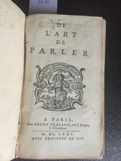 null LAMY (Bernard) : De l’Art de parler. Paris, Pralard, 1675. In-12 vélin d’époque...