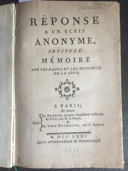  [GEORGEL] Réponse à un écrit anonyme, intitulé: Mémoire sur les rangs et les honneurs...