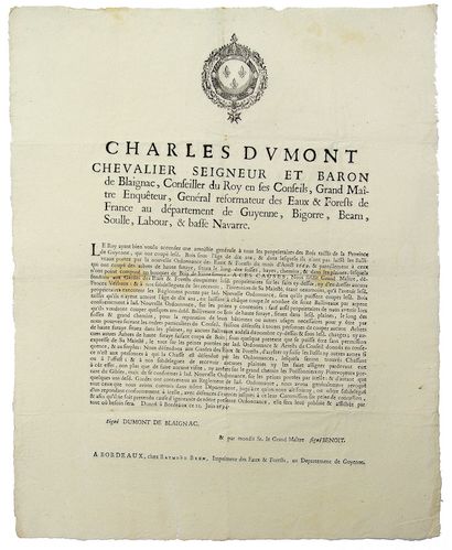 null GUYENNE, BIGORRE (65), BÉARN (64). 1694. WATER FORESTS - Charles DUMONT Lord...