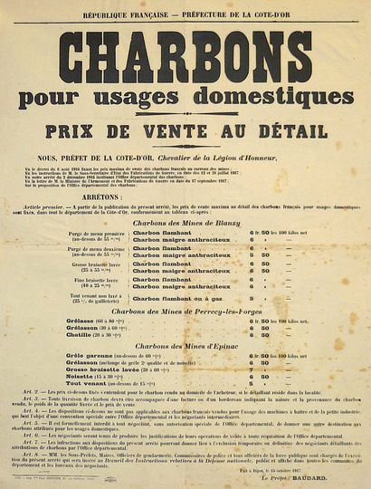 null CÔTE D’OR. 1918. DIJON. CHARBONS pour usages domestiques. Prix de vente au Détail...