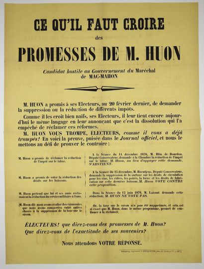 null CÔTE D'ARMOR. 1877. "What to believe about the promises of Mr. HUON, candidate...