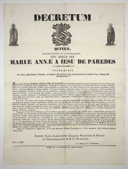 null (SAINTE MARIE-ANNE DE PAREDES) ROME 1850 - Décret de la BÉATIFICATION CANONISATION...