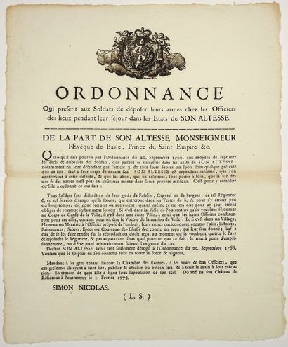 null SWITZERLAND. 1773. "Ordinance which prescribes to the Soldiers to deposit the...