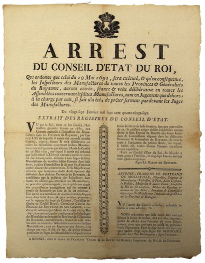 null BRETAGNE. 1787. MANUFACTURES - Arrest du Conseil d’État du Roi, qui ordonne...