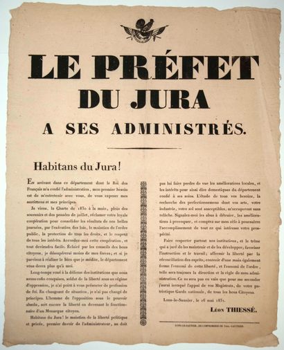 null JURA. 1831. Adresse du Préfet du JURA, Léon THIESSÉ, à ses Administrés. LONS-LE-SAUNIER,...