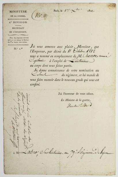 (EMPIRE) Avis de nomination signé du Maréchal...