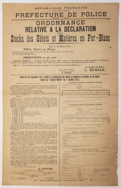 null PARIS, 29 Sept 1917 – « Ordonnance de la Préfecture de POLICE relative à la...