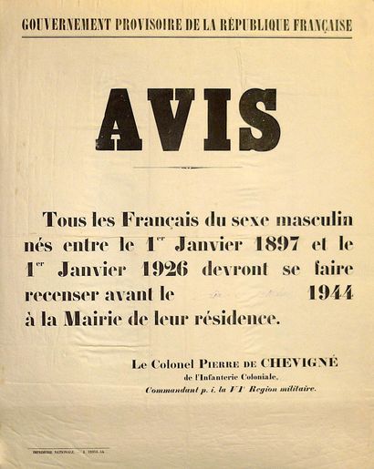 null GOUVERNEMENT PROVISOIRE DE LA RÉPUBLIQUE FRANÇAISE ; AVIS du Colonel Pierre...