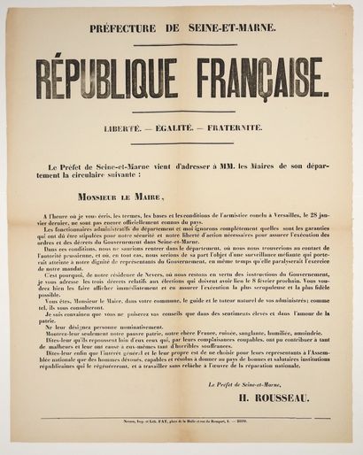 null ARMISTICE DE VERSAILLES 1871. (NIÈVRE. SEINE ET MARNE) - Adresse à MM. Les Maires...