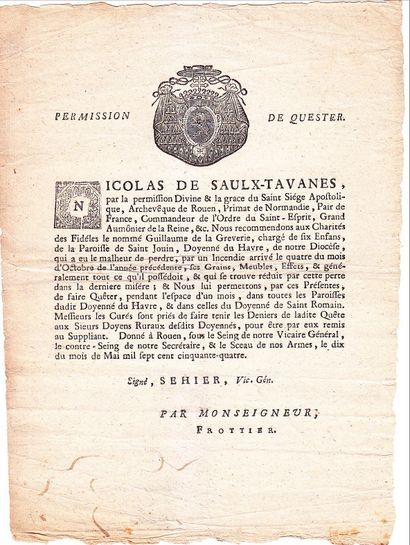 null ROUEN (76). PERMISSION DE QUESTER (Quêter), délivrée par Nicolas de SAULX-TAVANES...
