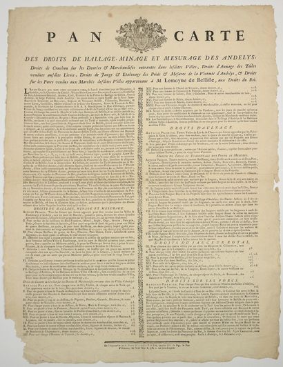 null LES ANDELYS (EURE). 1765. « Pancarte des Droits de HALLAGE, MINAGE et MESURAGE...