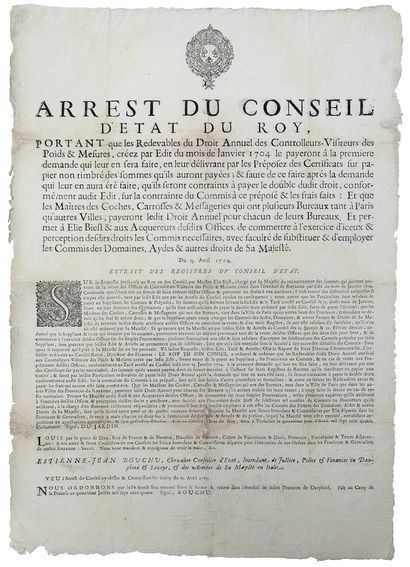 null DAUPHINÉ SAVOIE. 1704. WEIGHTS AND MEASURES - "Arrest of the Council of State...