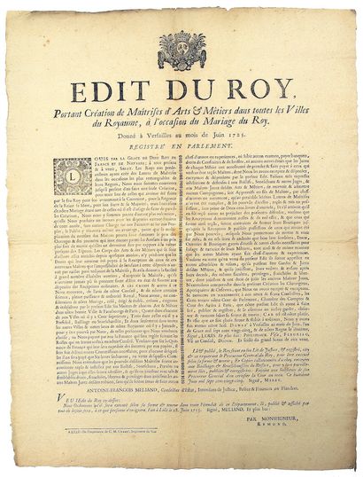 null FLANDRES. 1725. MARIAGE DU ROI - “Édit du Roy, portant Création de Maîtrises...