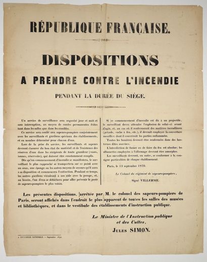 null (SIÈGE DE PARIS. SAPEURS-POMPIERS.) PARIS le 13 Septembre 1870. « Dispositions...