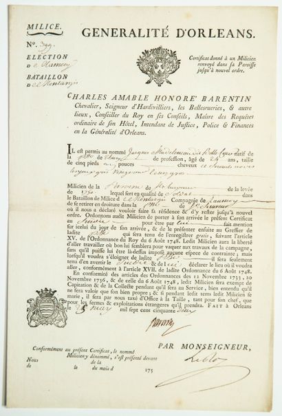 null LOIRET. 1752. BATAILLON DE MONTARGIS (45). MILICE. Pièce signée BARENTIN Seigneur...