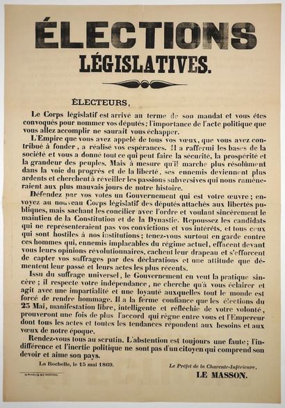 null CHARENTE-MARITIME. 3 Posters on the Elections of 1869: LA ROCHELLE (17) May...