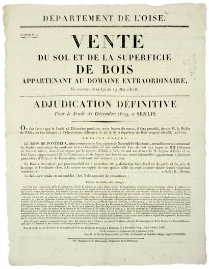 null OISE. 1819. "SALE of the soil and area of WOODS belonging to the Domaine Extraordinaire....