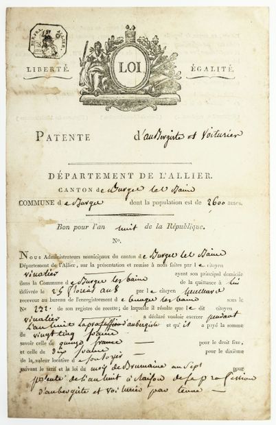 null ALLIER. 1800. PATENT OF AUBERGISTE AND VOITURIER, delivered by the Commune of...